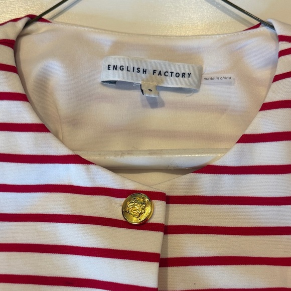 English Factory Red and White Striped Sleeveless Jacket with Gold Buttons - Picture 3 of 8